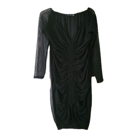 Pretty Little Thing Dress Womens 16 Black Bodycon Ruched Front Mesh Sleeve Dress - Picture 1 of 13